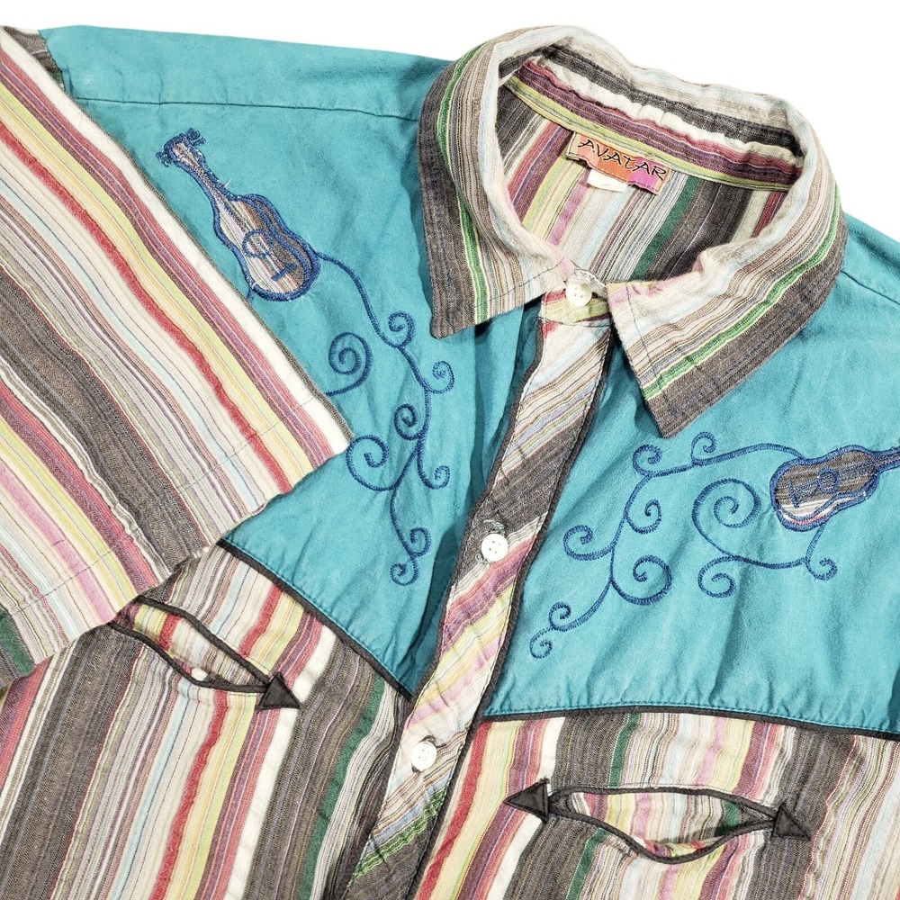Avatar Button Up Shirt Mens Small Multicolor Striped Western Hippie Guitar Retro